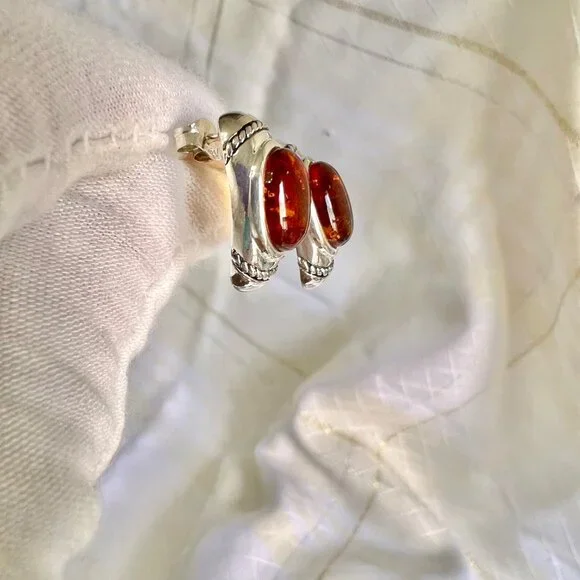 Vintage Sterling Silver Amber Earrings, Sterling Silver Earrings, Amber J - Picture 7 of 10